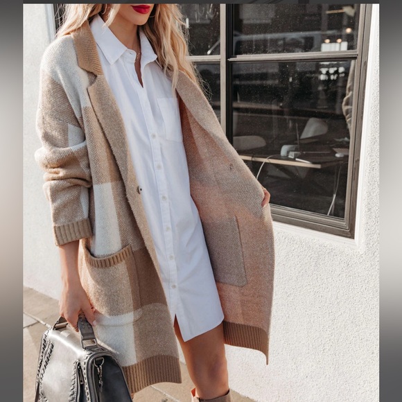 NEW Vici Woodrow Pocketed Checkered Knit Coatigan - Taupe - Picture 3 of 10